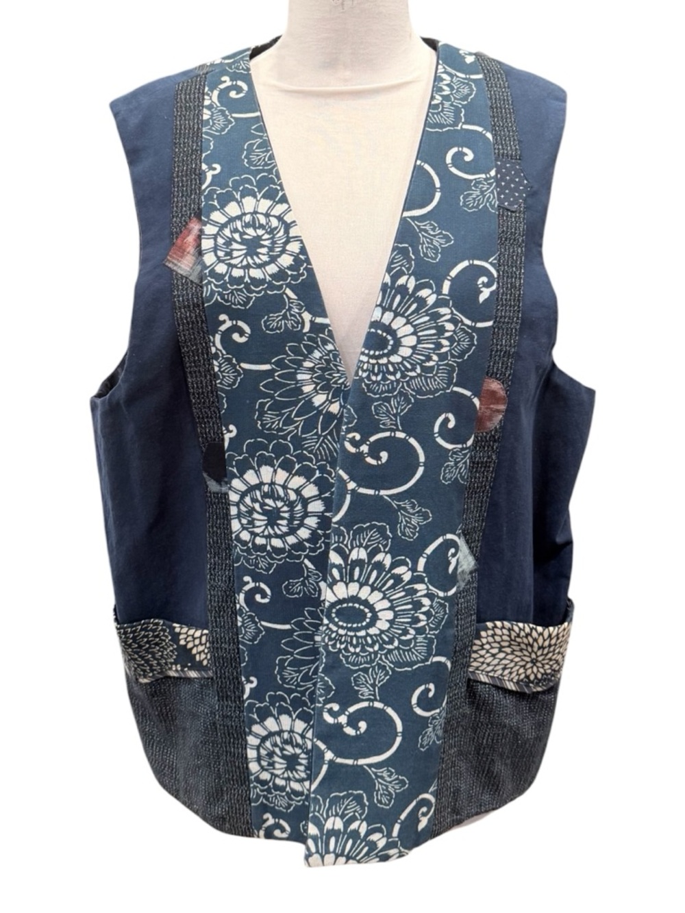Nui Mono Hawaii Womens Sz L Kasuri Japanese-Inspired Patchwork Vest Button Blue